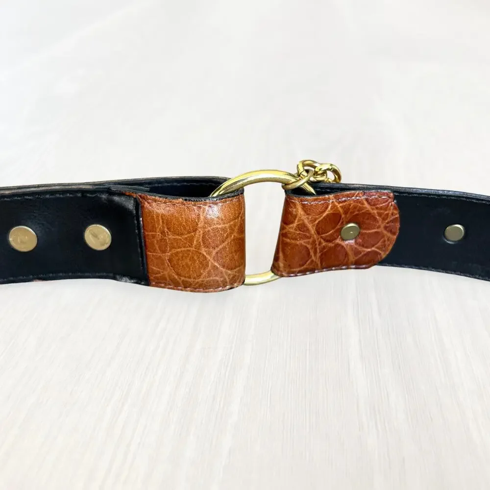 Vintage Sandy Duftler Croc Leather Chain Concho Belt Brown Brass Size AS IS